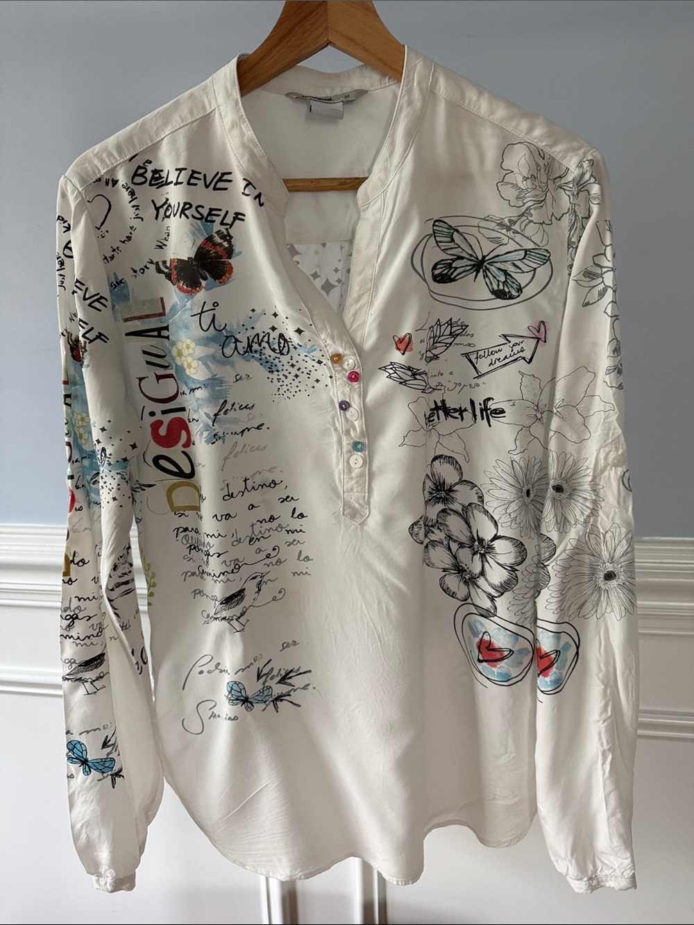 Desigual Women's Whimsical Graphic Butterfly Floral Tunic Top M Medium
